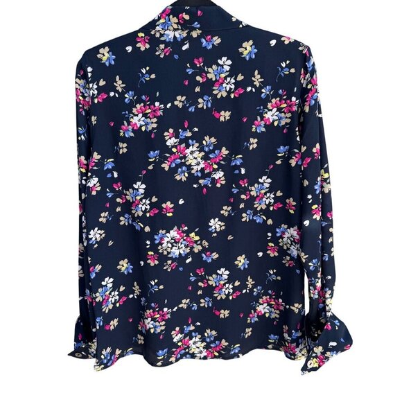 Diane Gilman Navy Floral Button-Up Silk Long Sleeve French Cuff Blouse New S - Picture 2 of 9